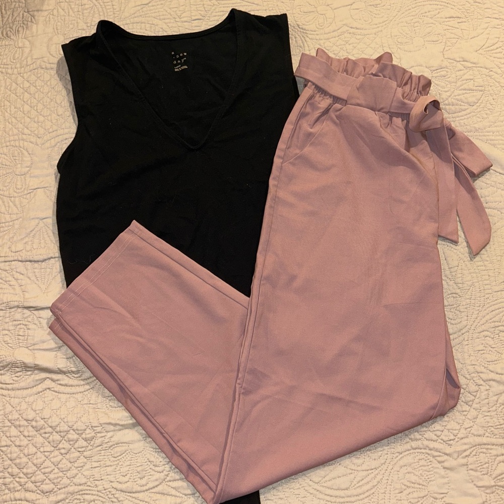 Black Sleeveless Bodysuit and Pink Paperbag Pants